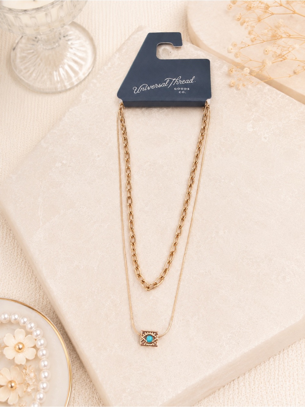 Universal Thread Gold-Tone Layered Necklace Turquoise Pendant evil eye preppy